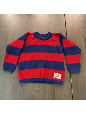 Vintage Youth Boys Red & Navy Blue Striped Knit Sweater Rugby Preppy Crewneck